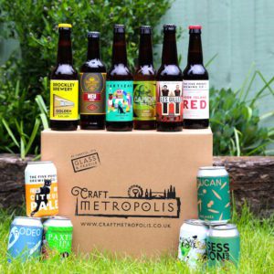 A display of bottles and cans of craft beer produced by Craft Metropolis