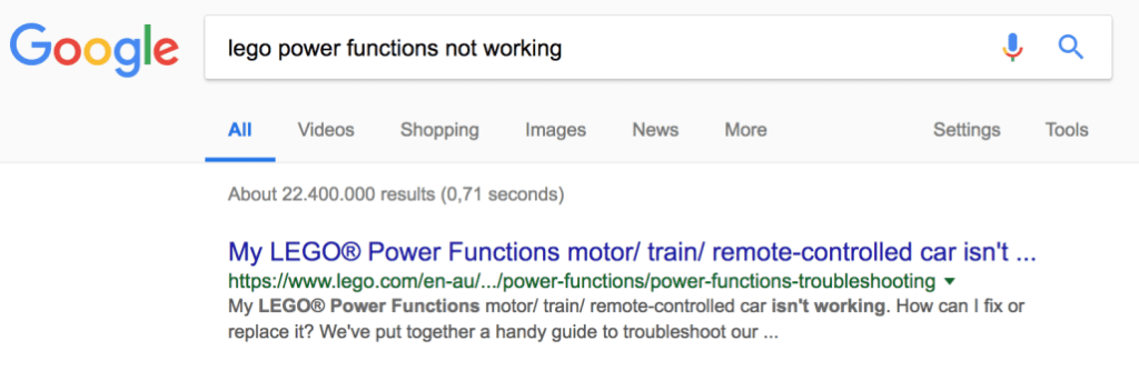 Screenshot of Google search results for 'lego power functions not working'.