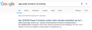 Google search results for 'lego power functions not working'.