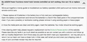 Screenshot of information about what to do if your Lego Power Functions motor/train/remote-controlled car isn't working