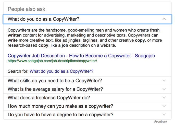 Screenshot of google search results for the question "What do you do as a copywriter?"