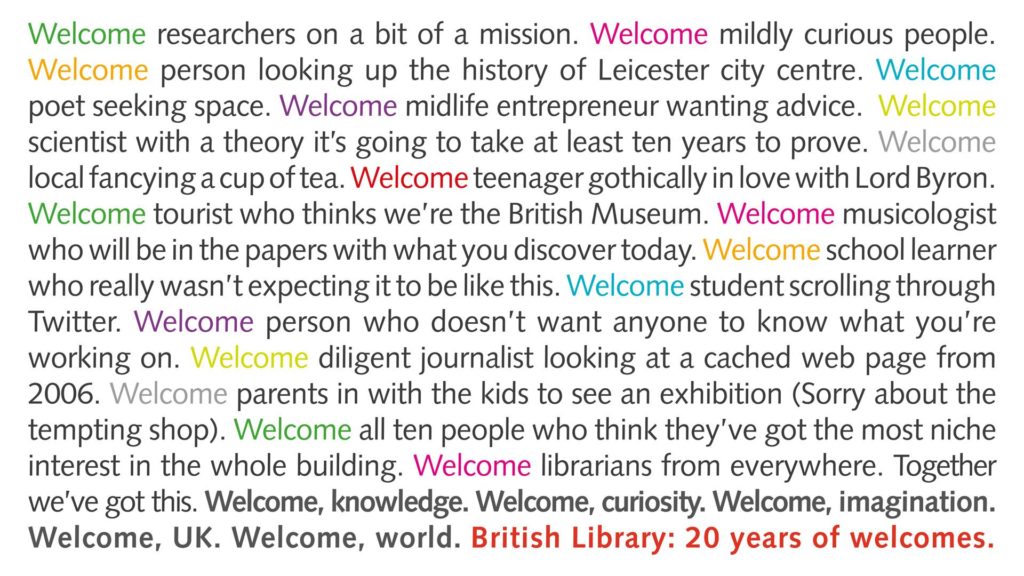 The British Library's welcome sign.