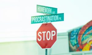 Stop sign with street signs for Homework Avenue and Procrastination Park above it