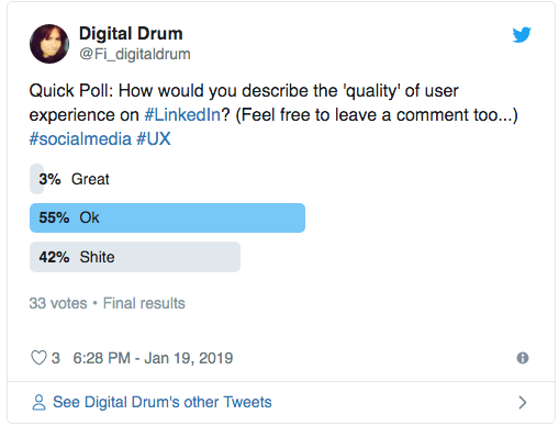 Twitter poll that asks How would you describe the 'quality' of user experience on LinkedIn? 3% of respondents said great, 55% said OK and 42% said shite.