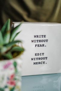 Text on a white glazed ornament by a succulent plant reads: Write without fear. Edit without Mercy.