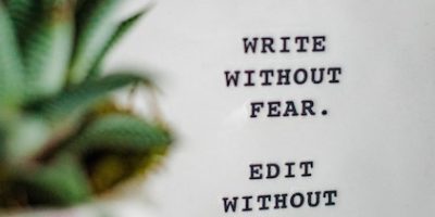 Text on a white glazed ornament by a succulent plant reads: Write without fear. Edit without Mercy.